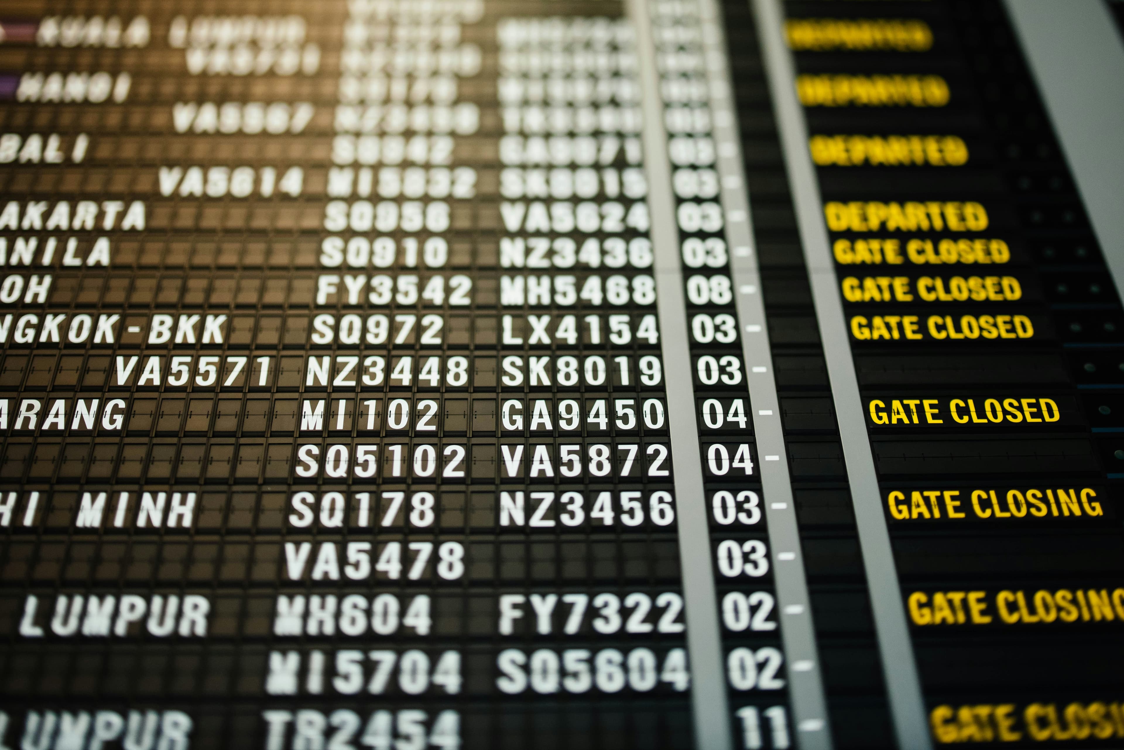 Airport departures board showing global destinations